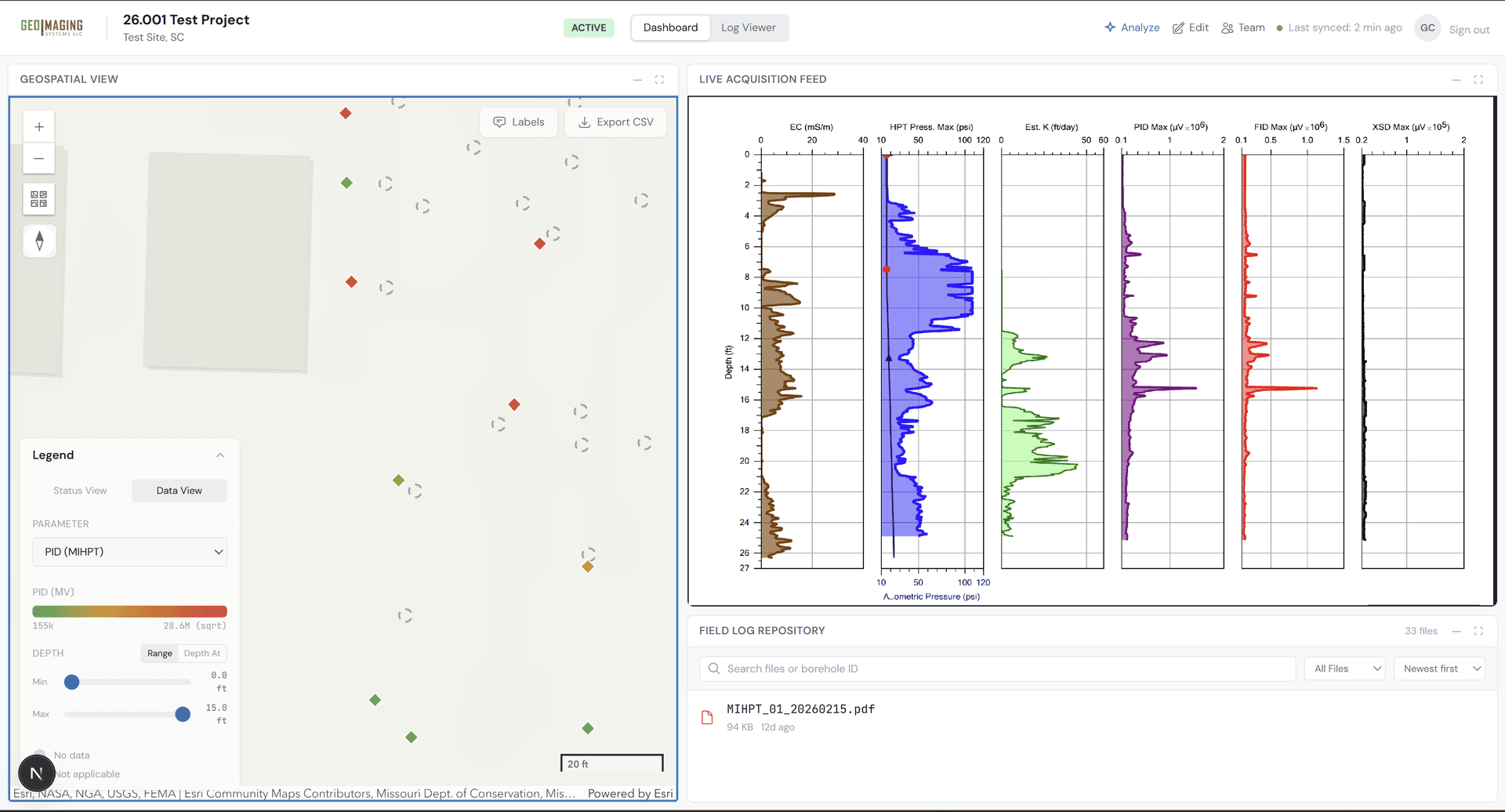 GeoImaging dashboard with live borehole map and project data panels